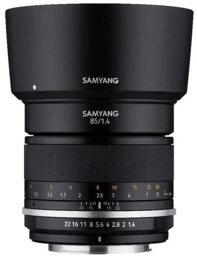 Samyang MF 85mm F1.4 MK2 on end with hood