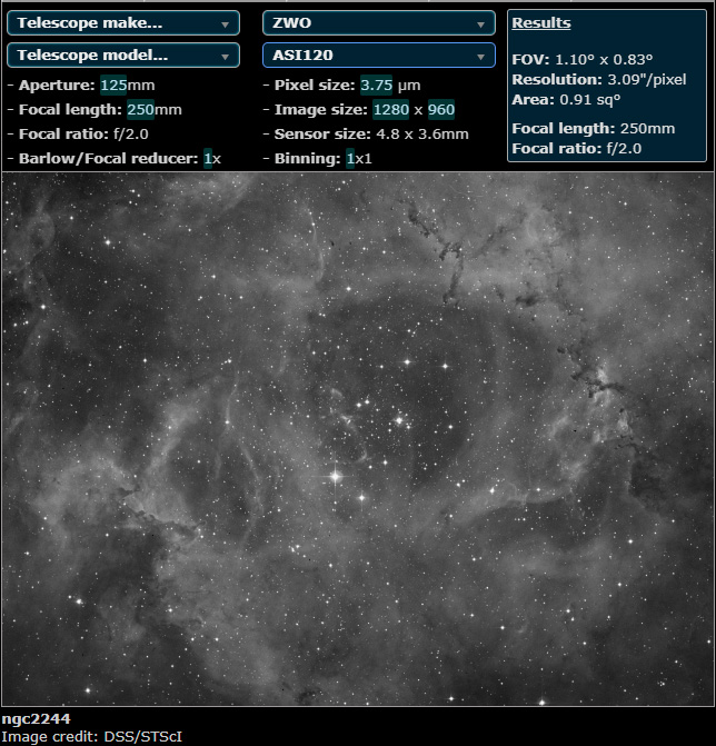 Rosette Nebula simulated FOV with IMX120 sensor